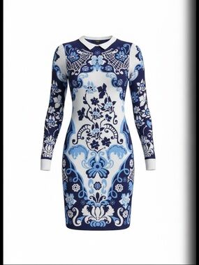 Cynthia Steffe Navy, Light Blue & White Floral Long Sleeve Bodycon Dress